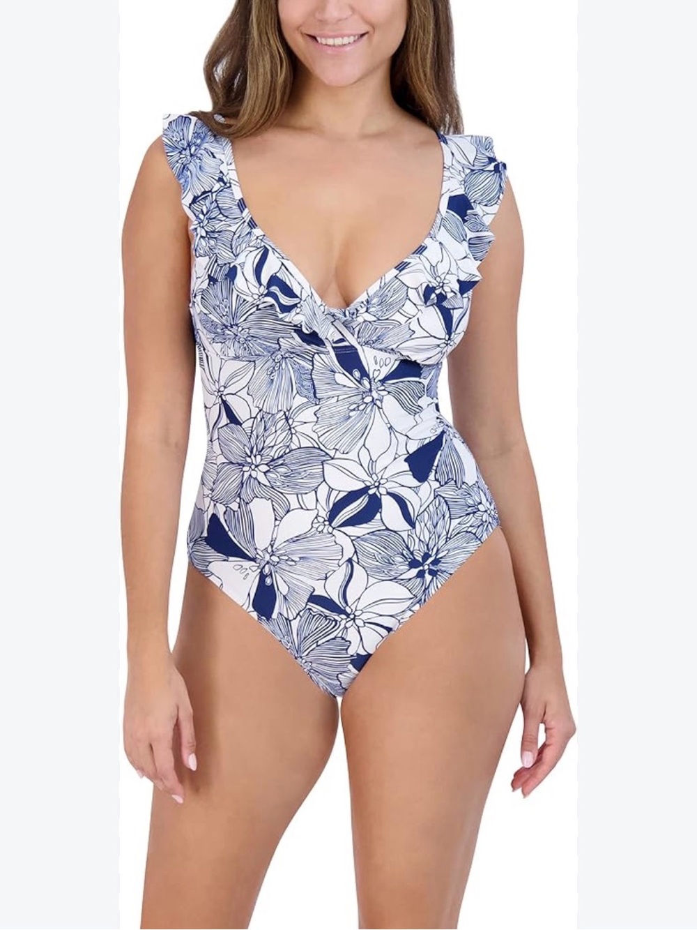 Stella Parker Collection XL One Piece Swimsuit Navy Floral Ruffle Resort J47